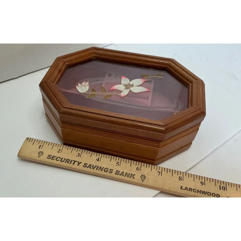 Vintage Wooden Jewelry Box Etched Glass Floral Lid Octagonal Brown